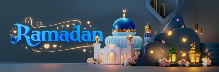 Ramadan Dark Fantasy 3D illustration Scene Featuring Glowing White Mosque with Blue Dome Golden Details Surrounded by Magical Lanterns Butterflies Roses Elegant Ramadan Text Luxurious Fantasy Setting