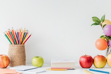 back to school concept with books and apple ,Photo of a desk adorned with pencils, apples, and books on a pristine white background, perfect for a school theme with ample copy space.