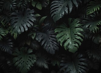 Fototapeta premium Dark tropical leaves, lush jungle foliage on black backdrop, fabric, print