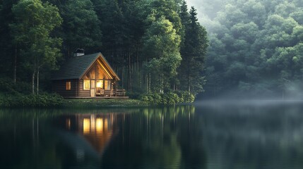 Serene Lakeside Log Cabin: A Tranquil Evening Scene
