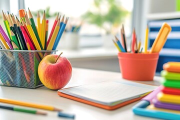 back to school concept ,Photo of a desk adorned with pencils, apples, and books on a pristine white background, perfect for a school theme with ample copy space.