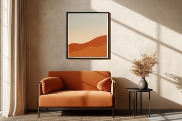 modern living room ,Small poster frame on the wall in front of an orange sofa, presented in a mockup style with warm colors, beige and terracotta tones.