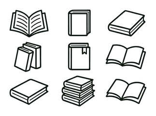 Library and reading outline icons set – linear style literature, study, and educational symbols for book lovers: open book, closed book, stack of books, bookmark, two stacked books, book with ribbon,