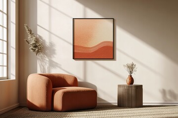 living room with a window ,Small poster frame on the wall in front of an orange sofa, presented in a mockup style with warm colors, beige and terracotta tones.