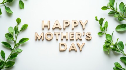 Happy Mother's Day Wooden Text with Greenery: The phrase "HAPPY MOTHER'S DAY" is spelled out in wooden letters surrounded by delicate green leafy branches on a white background.





