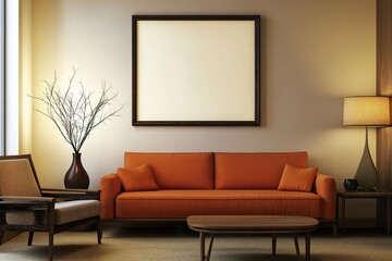 modern living room ,Small poster frame on the wall in front of an orange sofa, presented in a mockup style with warm colors, beige and terracotta tones.