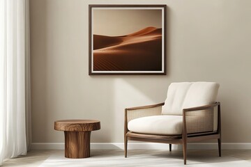 modern interior design ,Small poster frame on the wall in front of an orange sofa, presented in a mockup style with warm colors, beige and terracotta tones.