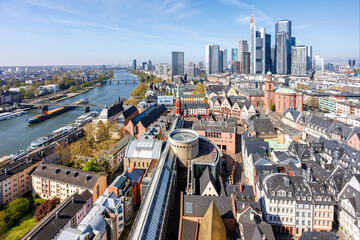 Frankfurt skyline skyscrapers in city center with the Römer and Main river from above in Frankfurt, Germany