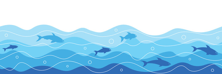 Vector drawing sea waves, shoal of fish, seamless border, isolated on white background