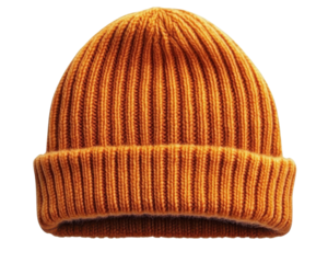orange knitted beanie hat isolated on white background.