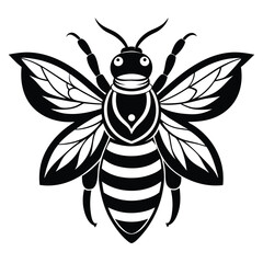 Stylized Bee Black and White Design with Detailed Wing Patterns