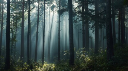 Fototapeta premium Mystical Sunbeams Illuminate a Foggy Pine Forest