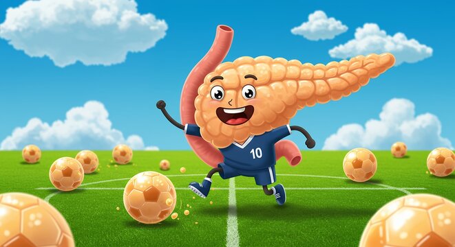 Pancreas cartoon character playing soccer