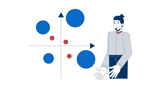 Businessman analyzing bubble chart 2D animation. Scatter plot with XY axis. Corporate male analyst placing data points animated character cartoon flat concept metaphor 4K video isolated on white