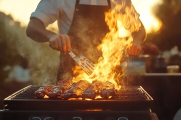 Man grilling meat outdoors at home barbecue party