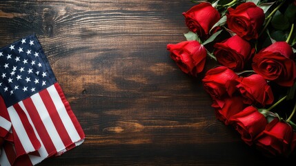 Obraz premium American Flag and Red Roses on Wood: A small US flag and a bouquet of red roses are placed on a rustic wooden surface.