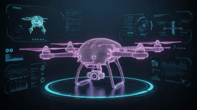 Futuristic drone visualization interface with digital hologram and wireframe display demonstrates advanced technology innovation