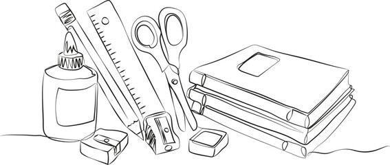 minimalist one-line vector illustration school supplies books ruler scissors glue erasers sharpener, simple continuous line drawing for back to school concept, isolated design