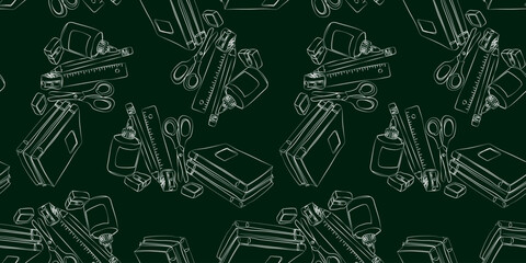 seamless pattern white outline school supplies dark green chalkboard background repeating stationery design for back to school and education, learning and knowledge concept