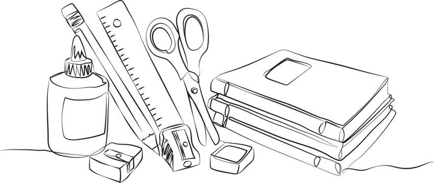 minimalist one-line vector illustration school supplies books ruler scissors glue erasers sharpener, simple continuous line drawing for back to school concept, isolated design