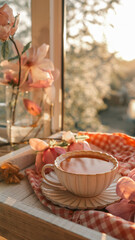 Vintage teacup with tea on a wooden tray by a window, surrounded by pink flowers and soft sunlight, with a warm and peaceful morning atmosphere