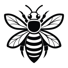 Black and White Silhouette Detailed Honey Bee with Wings and Striped Abdomen Symbol