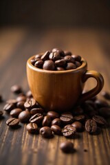 Miniature wooden cup filled with coffee beans, miniature furniture, small wooden box, coffee shop gift