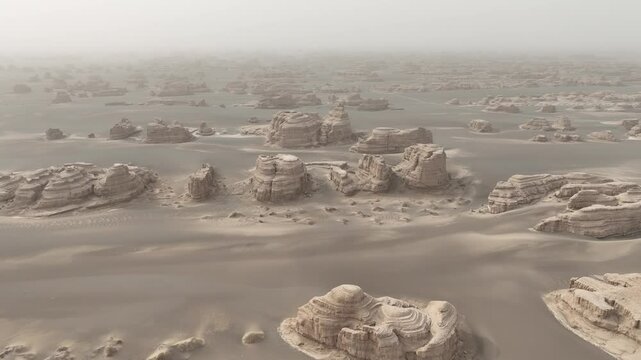 Drone view of The Yadan Geo Park with unique rock formations in the Gobi Desert on a sunny day
