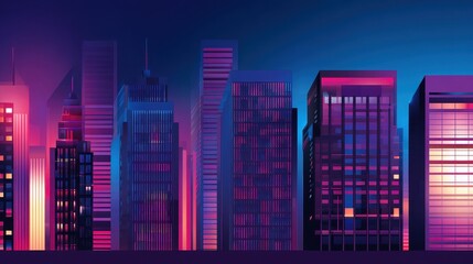 Vibrant city skyline at night with colorful lights reflecting on modern buildings