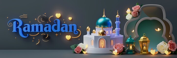 Ramadan Dark Fantasy 3D illustration Scene Featuring Glowing White Mosque with Blue Dome Golden Details Surrounded by Magical Lanterns Butterflies Roses Elegant Ramadan Text Luxurious Fantasy Setting