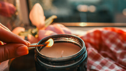 Close-up of a hand lighting a black jar candle with a match, surrounded by soft pink flowers and a checkered red cloth, bathed in warm sunset light through a window