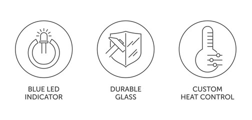 Electric kettle icons set - Custom heat control, Blue led indicator, Durable glass