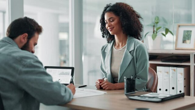 Business people, meeting and documents with handshake for signature, contract or agreement at office. Businessman, woman or financial advisor shaking hands with client for deal, loan or settlement