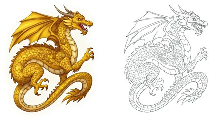 Obraz premium Dragon of Legend: An intricately detailed drawing of a majestic dragon, showcasing its scales, wings, and horns, alongside a line art version for coloring.
