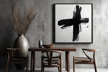 interior of a room with a table ,Minimalist, modern black-and-white brush stroke poster, framed and hung above an empty wooden sideboard adorned with vases and decorations.