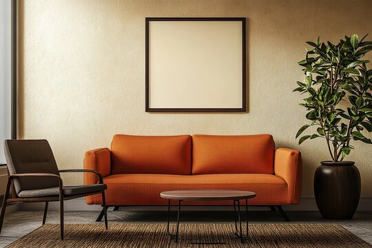 modern living room ,Small poster frame on the wall in front of an orange sofa, presented in a mockup style with warm colors, beige and terracotta tones.