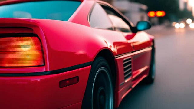 Red luxious car tail light detail shot in evening light creates nostalgic supercar atmosphere