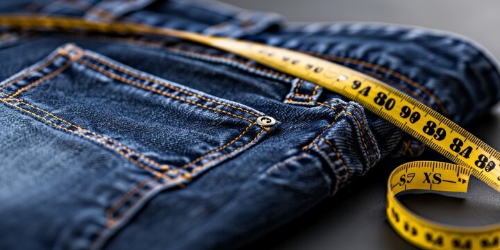 Blue denim jeans with yellow measuring tape on dark surface reflecting fashion and tailoring
