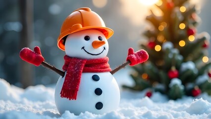 Snowman in a yellow construction helmet against the background of a Christmas tree
