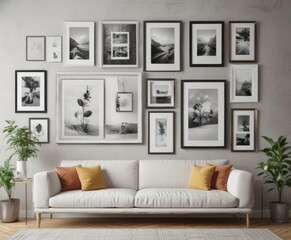 Fototapeta premium Versatile photo frame gallery wall; diverse frame styles & sizes on white; template for design projects , photo display, frame styles