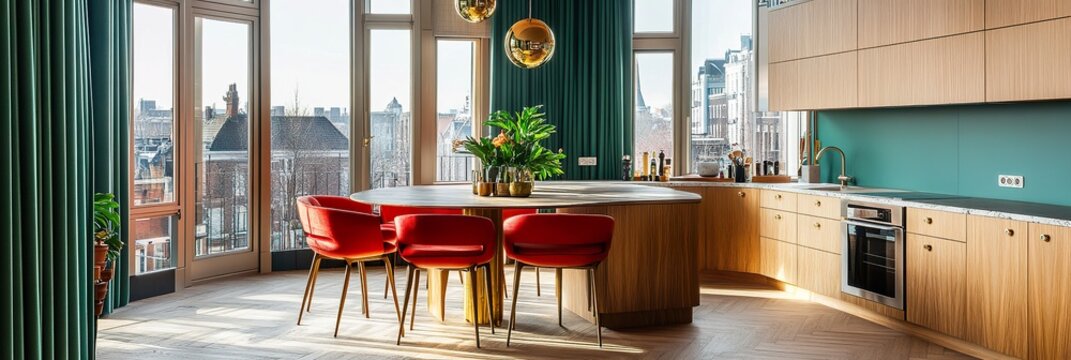 modern dining room ,Modern kitchen with wooden cabinets, green curtains, and red chairs positioned in front of a window that offers a view of an urban landscape.