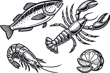 Minimalist Fish Silhouette Design Collection in Black. Colorful Cartoon Fish Illustration Set for Kids and Merch. Fishing Icon Set with Hooks Rods and Outdoor Gear. Seamless Fish Pattern Design