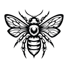 Intricate Monochrome Bee, Detailed Wings, Ornate Body, Stylized Insect, Isolated Design