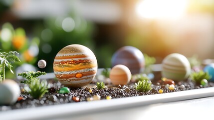 Colorful Miniature Planets Solar System Model on Brown Surface