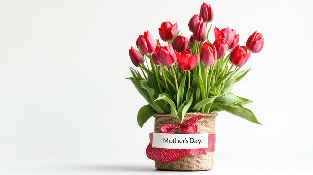 Mother's Day Tulips Bouquet: A bunch of vibrant red and white tulips in a container with a "Mother's Day" tag against a white background.





Mother's Day, tulips, vibrant flowers, red and white tuli