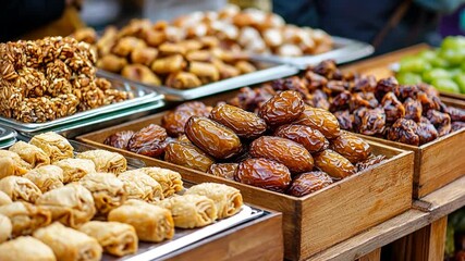 A vibrant market display showcasing an array of traditional sweets and dried fruits, with shoppers in the background