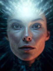 Close-up portrait of a woman's face. the woman appears to be in her late twenties or early thirties, with short blonde hair that is styled in loose waves.