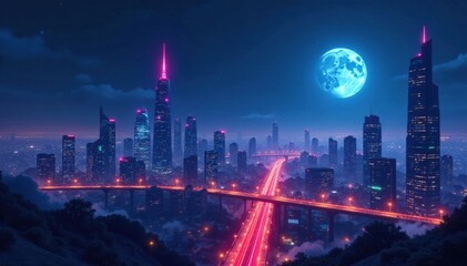 Fototapeta premium Futuristic cityscape at night, futuristic architecture, skyscrapers, night sky