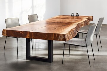 dining room table ,Close-up shot of a wooden dining table in an elegant home, highlighting its natural beauty and unique texture, with a detailed focus on the wood grain patterns on one side.