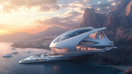 Obraz premium Futuristic coastal resort sunset, yacht harbor, mountains